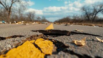 Torn-up road with cracks and debris left in the wake of a powerful twister, eerie silence after the storm settled over the devastated landscape. photo