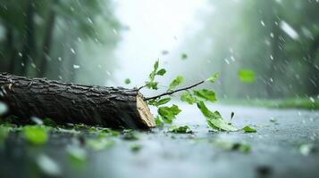 A tree was snapped in half by powerful winds, with debris swirling through the air as a tornado looms in the distance. photo