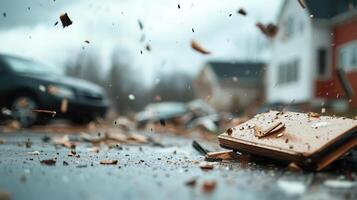 Tornado ripping through a small town, houses and vehicles damaged, debris flying through the violent winds photo