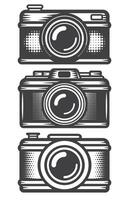 A set of three vintage cameras with detailed halftone patterns showcasing classic photography equipment in a monochrome style vector