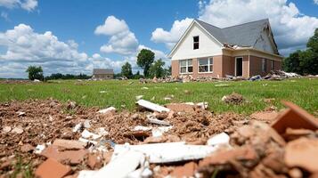 A house is surrounded by rubble and debris photo