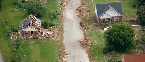 An aerial view of a house that has been destroyed photo