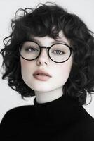 Desaturated fashion portrait with strong shadows, high-contrast monochrome styling, and subtle film grain, creating a striking visual impact. photo