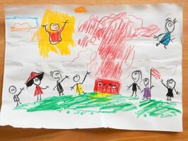 A child's drawing of people and a fire photo