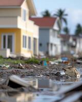 A pile of debris in front of a house photo