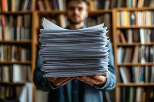 Man Holds Stack of Paper in Library photo