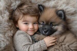 Little boy hugging fluffy puppy photo