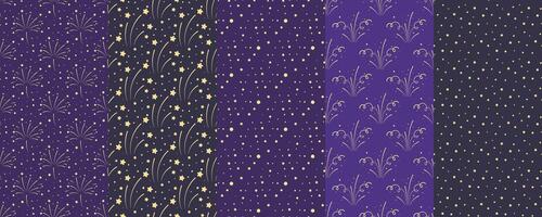 Set of seamless patterns with fireworks, stars and confetti vector
