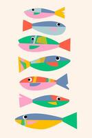 Collection of fun fish in suprematism style. abstract illustration for card, sticker, print and cover vector
