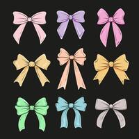 set of hand drawn colorful bows on black background. Collection of bows in a variety of pastel shades with distinctive shape. Cheerful playful bows for decoration, scrapbook. vector