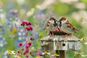 Intimate Encounter of two birds sparrows photo