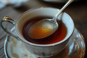 A CloseUp View of a Delicate Teacup Filled with Aromatic Black Tea and a Perforated Spoon photo