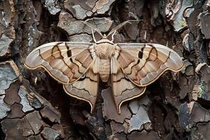 A Moth with Intricate Wing Patterns Perfectly Camouflaged on Rough Tree Bark photo