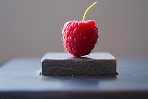 A Single Vibrant Raspberry Rests Atop a Dark Textured Cube photo
