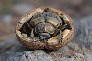 A beetle is sitting inside of a shell photo