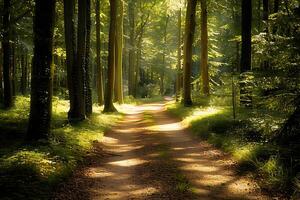 Sunlight Filters Through the Trees Illuminating a Serene Forest Path photo