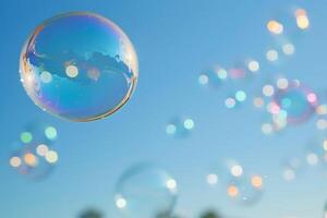 A Single Large Soap Bubble Dominates the Sky Surrounded by a Symphony of Smaller Shimmering Bubbl photo