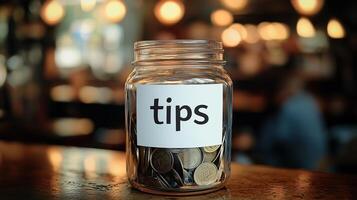 Tip jar filled with money on a wooden table. Glass tip jar of a cafe photo