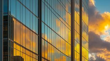 Reflection of the sunset sky with orange clouds on the skyscraper windows photo
