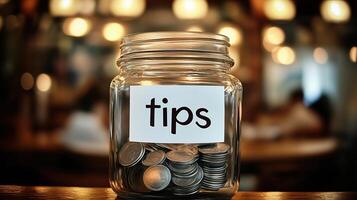 A glass jar on the wooden table filled with coins and a label with tips text photo