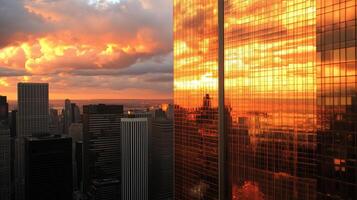 Dramatic sunset view with reflection on the skyscraper windows photo