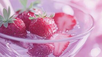 Strawberries floating in the water in a glass bowl with pastel toned colors photo