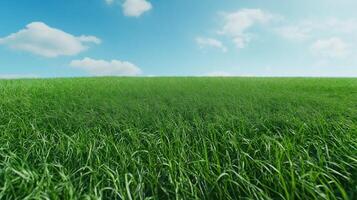 Fresh green grasses in focus with partly cloudy sky on the background photo