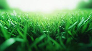 Close up view of fresh green grasses in grass field in focus. photo