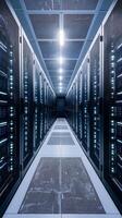 Inside of a datacenter in vertical view. Cloud server concept photo