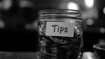 Glass tip jar with full of coins in black and white image. photo