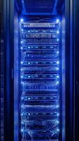 Datacenter computers with cables and blue lights. Cloud computing photo