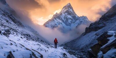 A person standing on a path in the snow photo