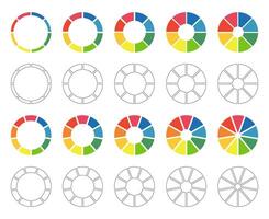 Donut charts, pies segmented on 8, 9 equal parts. Wheels divided in eight, nine sections. Set of diagrams infographic multicolored. Circle section graph. Pizza chart icons. Round loading bar mockups. vector