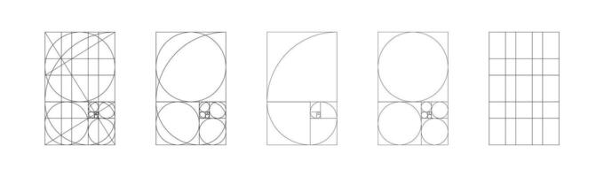 Golden ratio template minimalist set. Method golden section mockups. Fibonacci array, numbers forms. Harmony proportions frames. Outline graphic illustration. vector