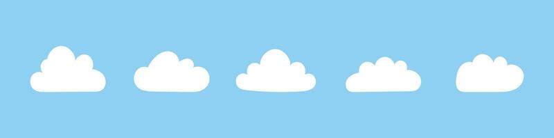 Fluffy clouds. Flat clouds in blue sky. Puffy, cumulus clouds on blue background. Cloudy shapes simple mockups. Weather element templates. Objects cloudscape layout. Hand drawn minimalist white icons. vector