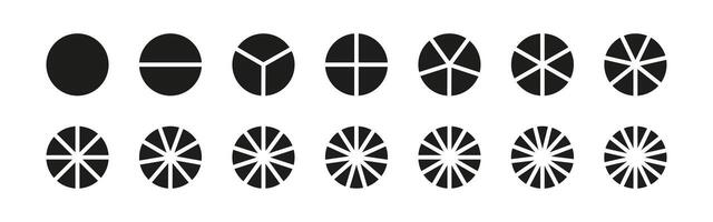 Circle division on 1 to 14 equal parts. Wheel round divided diagrams with segments. Infographic set. Coaching blank. Pie chart template. Segmented charts. Pizza charts icons. Segments infographic. vector