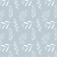 Herbal botanical pattern with doodle stylized twigs white color on blue pastel background. Textile. vector