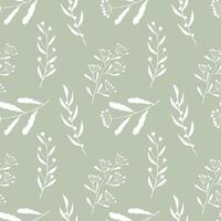 Herbal botanical pattern with doodle stylized twigs white color on green pastel background. Textile. vector