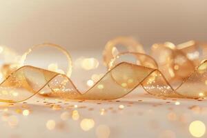 Golden festive ribbon with glitter and bokeh lights on blurred background photo
