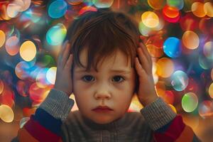 Stressed sad child covering ears with colorful bokeh lights in background photo