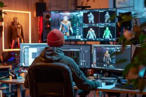 Game developer working on 3D character design in studio photo
