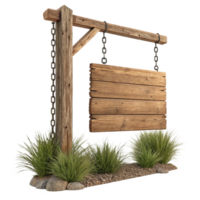 3D render hanging wooden sign board unique designed isolated on transparent background png