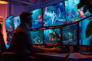 Game developer working on 3D character design in creative studio at night photo