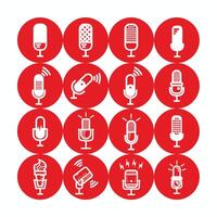 white silhouette of microphone set - microphone set with lightning and connection sign for broadcast or podcast - silhouette microphone set logo or icon isolated on red circle vector