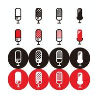 red, white and black square microphone icon and silhouette set for broadcast or podcast - red, white and black square microphone logo or icon set vector