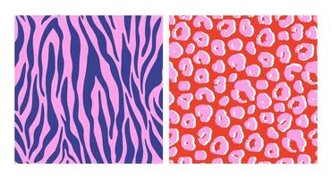 Set of abstract animal skin stylized seamless patterns, flat illustration. Colorful Y2K backgrounds of zebra and leopard prints. Red, blue and pink colors. vector