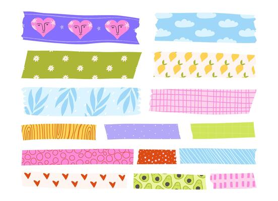 Set of colorful washi tapes, cartoon flat illustration isolated on white background. Cute adhesive tape for planner, journaling and scrapbook.