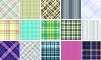 Vibrant collection of 16 seamless plaid and stripe patterns. Perfect for textile design, web backgrounds, scrapbooking, and more. Versatile and stylish designs offer endless creative possibilities. vector