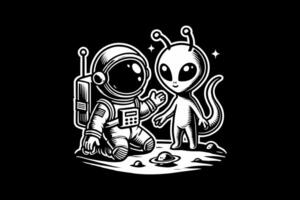 An alien and a man are holding hands on the moon vector