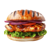 chicken burger with lettuce, tomato and onion on a bun png